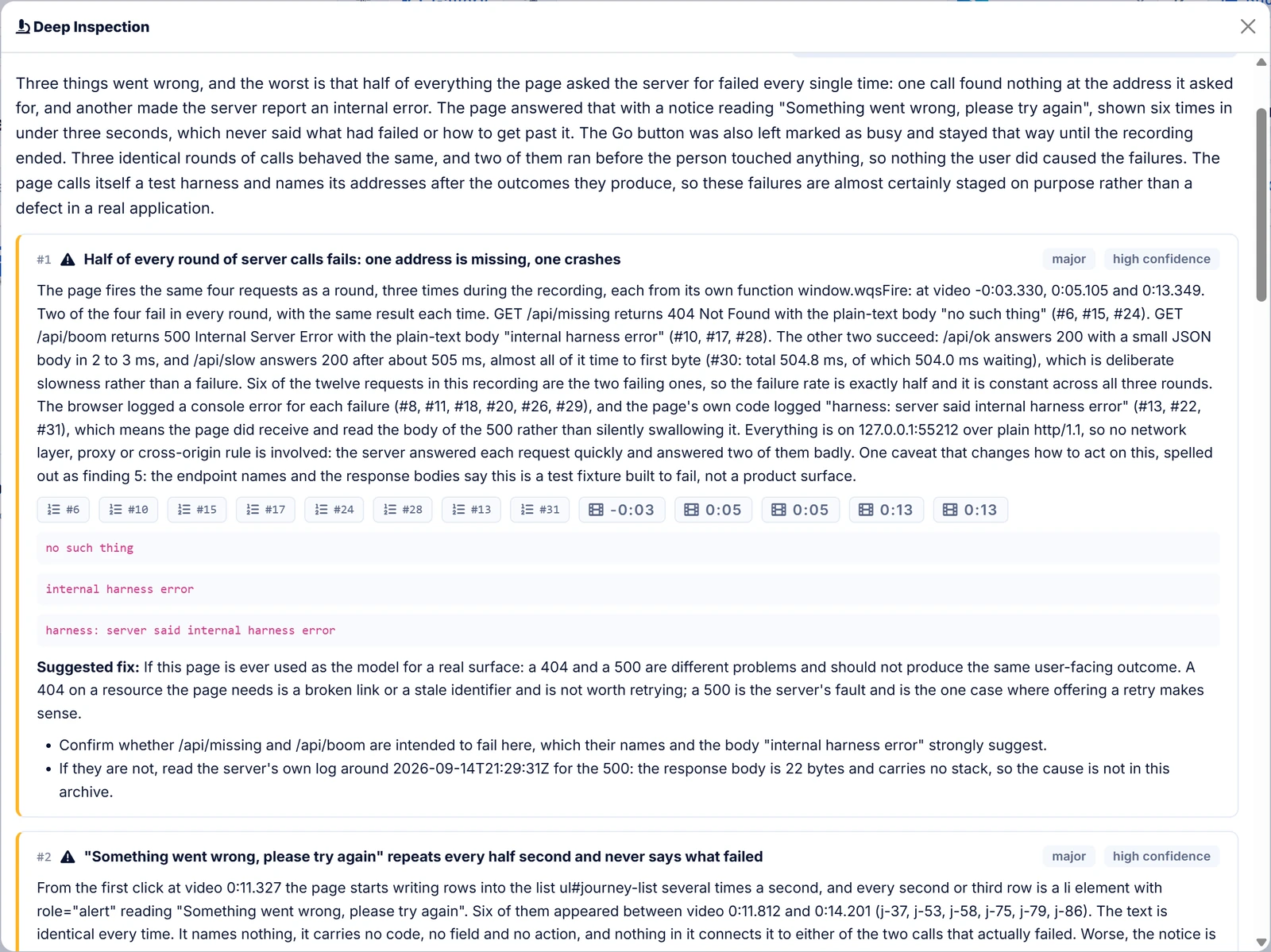 webQsee's analysis panel with a finished answer: finding cards with severity chips, quoted console lines and evidence chips that link to the events and video positions they rest on.