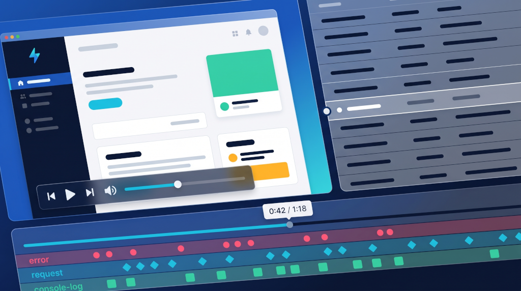 webQsee Behavior Report player: an abstracted web-app video on the left with play/pause control, a synced network event grid on the right, and a scrubber timeline below with three colour-coded annotation lanes (errors, requests, console logs)