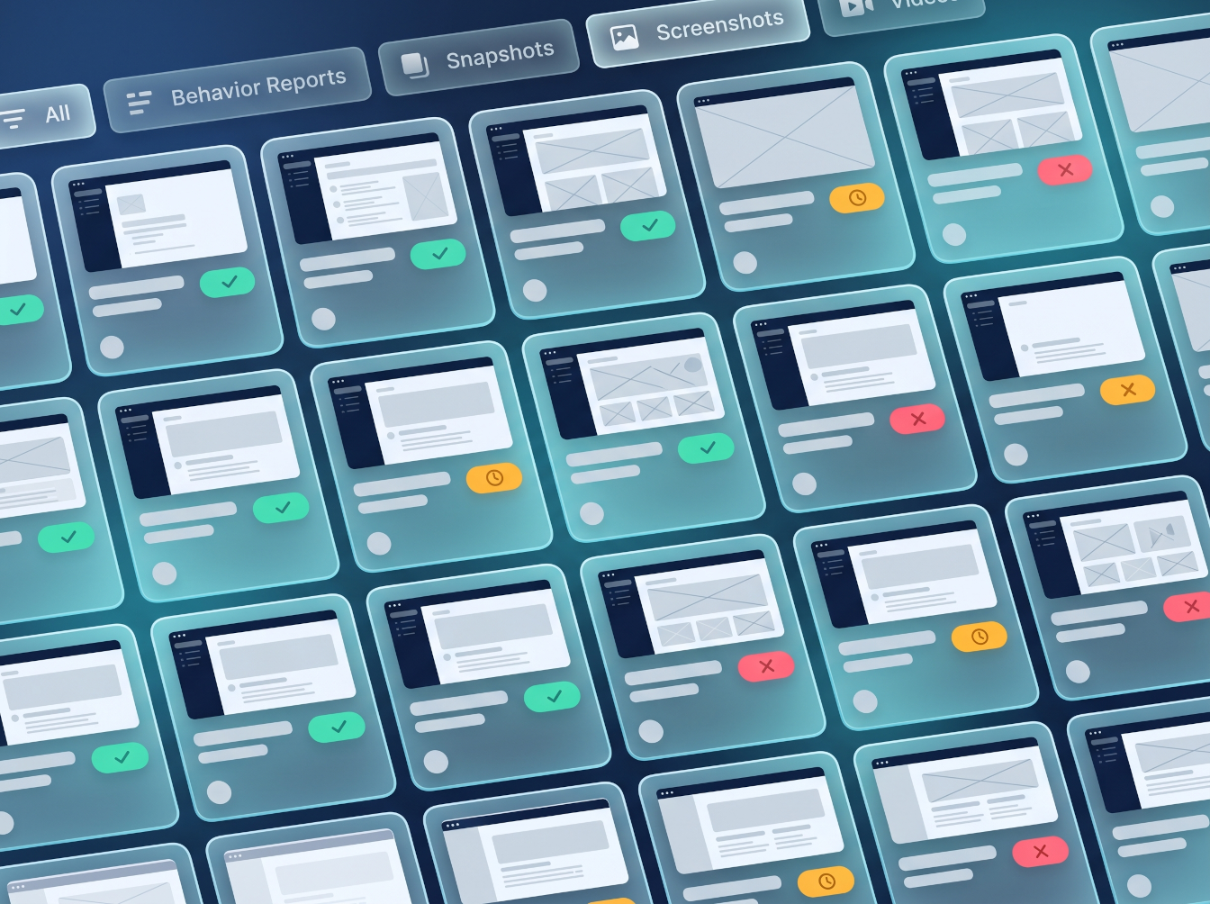 Tight grid of webQsee Cloud Gallery capture cards with filter chips at the top (All, Behavior Reports, Snapshots, Screenshots, Videos) and status pills on each card