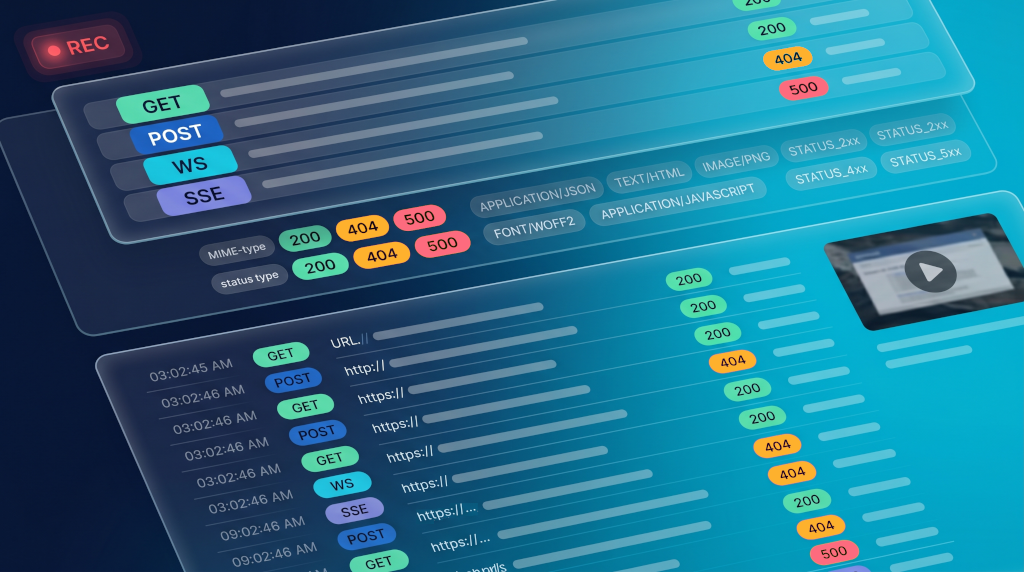 Stylized webQsee analyzer with three stacked grids (groups, types, events) and a paused replay thumbnail floating beside it